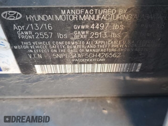 2016 Hyundai Sonata Sport with VIN 5NPE34AF5GH426562, listed as a Copart auction lot 46940005 with 117,519 mi miles and Clean Title. Bid and sale history available at DreamBid. Image 14.
