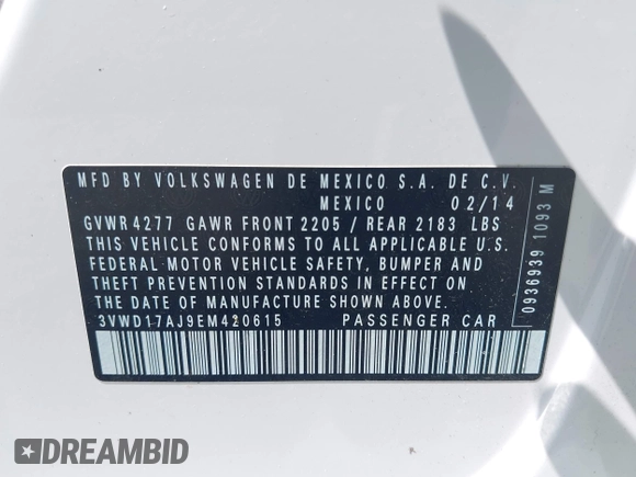 2014 Volkswagen Jetta SE с VIN 3VWD17AJ9EM420615, выставлен на аукционе IAAI как лот 42521817 с пробегом 95 433 миль миль и . История ставок и продаж доступна на DreamBid. Изображение 9.