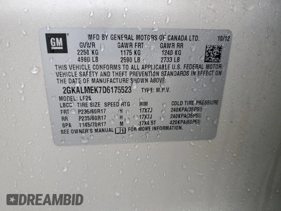 2013 GMC Terrain SLE with VIN 2GKALMEK7D6175523, listed as a Copart auction lot 43130875 with 137,440 mi miles and Salvage Title. Bid and sale history available at carsss.com. Image 13.