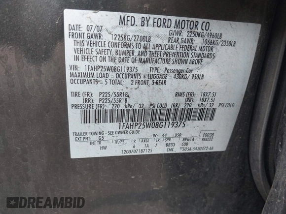 2008 Ford Taurus Limited with VIN 1FAHP25W08G119375, listed as a IAAI auction lot 42600711 with 136,243 mi miles and . Bid and sale history available at DreamBid. Image 9.