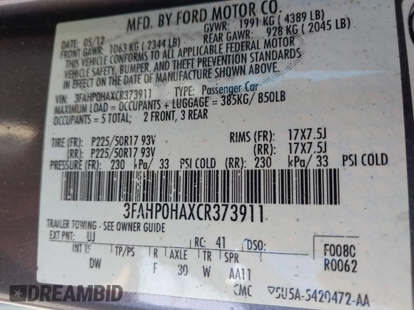 2012 Ford Fusion SE z VIN 3FAHP0HAXCR373911, wystawiony jako IAAI lot #42396082 z przebiegiem 237 100 mil mil oraz . Historia ofert i sprzedaży dostępna na DreamBid. Obrazek 9.