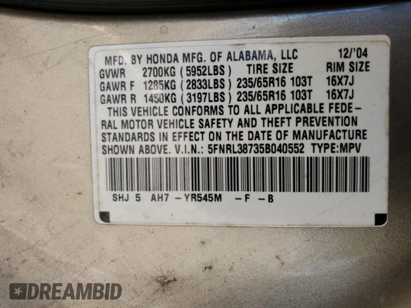 2005 Honda Odyssey EX-L with VIN 5FNRL38735B040552, listed as a Copart auction lot 57435355 with 183,768 mi miles and Salvage title. Bid and sale history available at DreamBid. Image 13.