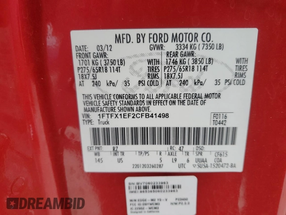 2012 Ford F-150 XL with VIN 1FTFX1EF2CFB41498, listed as a Copart auction lot 45022205 with 90,190 mi miles and Salvage Title. Bid and sale history available at carsss.com. Image 12.