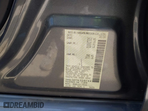 2015 Nissan Altima S with VIN 1N4AL3AP7FN359744, listed as a IAAI auction lot 41987153 with 196,855 mi miles and . Bid and sale history available at DreamBid. Image 9.