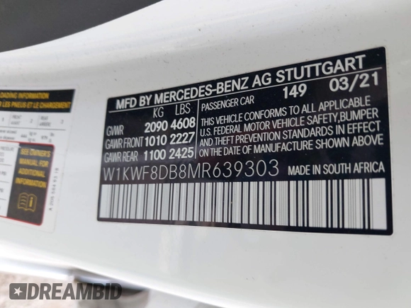 2021 Mercedes-Benz C 300 with VIN W1KWF8DB8MR639303, listed as a IAAI auction lot 41864619 with 67,666 mi miles and . Bid and sale history available at DreamBid. Image 9.