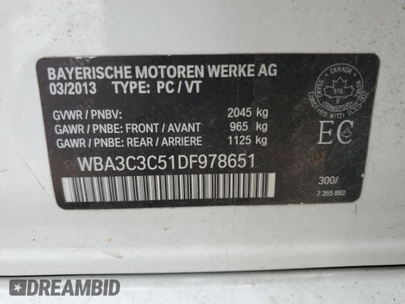 2013 BMW 3 Series 320i xDrive with VIN WBA3C3C51DF978651, listed as a Copart auction lot 58507915 with 117,025 mi miles and Salvage title. Bid and sale history available at DreamBid. Image 12.