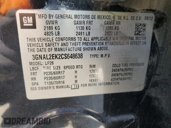 2012 Chevrolet Captiva Sport LS with VIN 3GNAL2EK2CS648638, listed as a Copart auction lot 53078614 with 192,575 mi miles and Salvage Title. Bid and sale history available at DreamBid. Image 14.