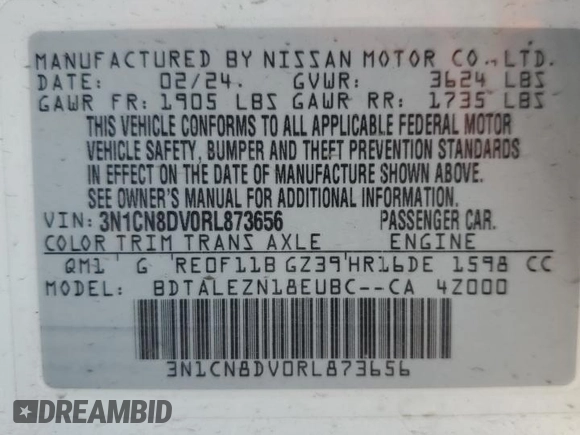 2024 Nissan Versa S with VIN 3N1CN8DV0RL873656, listed as a Copart auction lot 50644285 with 7,281 mi miles and Salvage Title. Bid and sale history available at carsss.com. Image 12.
