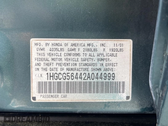 2002 Honda Accord LX z VIN 1HGCG56442A044999, wystawiony jako Copart lot #56222325 z przebiegiem Nie podano mil oraz Czysty tytuł • Clean title. Historia ofert i sprzedaży dostępna na DreamBid. Obrazek 10.