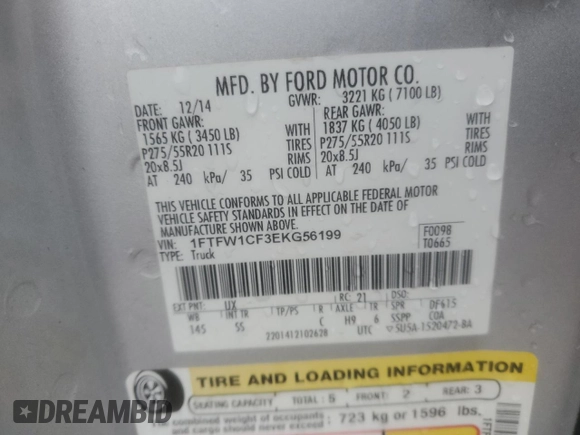 2014 Ford F-150 XL with VIN 1FTFW1CF3EKG56199, listed as a Copart auction lot 61046215 with 107,905 mi miles and Salvage title. Bid and sale history available at DreamBid. Image 12.