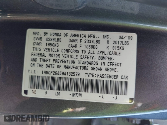 2009 Honda Accord LX-P with VIN 1HGCP26459A132579, listed as a IAAI auction lot 42033626 with 304,368 mi miles and . Bid and sale history available at DreamBid. Image 9.