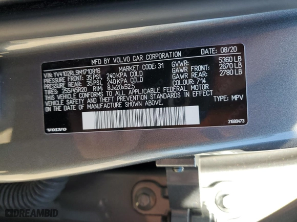 2021 Volvo XC60 Inscription with VIN YV4102RL9M1710816, listed as a Copart auction lot 45587435 with 50,466 mi miles and Salvage Title. Bid and sale history available at carsss.com. Image 14.