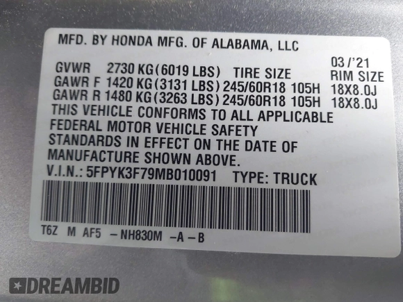 2021 Honda Ridgeline RTL-E with VIN 5FPYK3F79MB010091, listed as a IAAI auction lot 41386318 with 37,996 mi miles and . Bid and sale history available at DreamBid. Image 9.