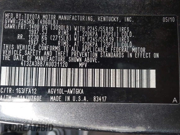 2010 Toyota Venza z VIN 4T3ZA3BB7AU031120, wystawiony jako IAAI lot #42212944 z przebiegiem Nie podano mil oraz . Historia ofert i sprzedaży dostępna na DreamBid. Obrazek 9.