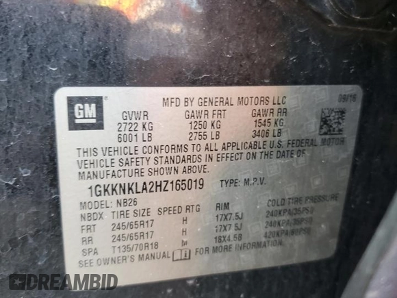 2017 GMC Acadia SLE z VIN 1GKKNKLA2HZ165019, wystawiony jako Copart lot #52630245 z przebiegiem 185 445 mil mil oraz Szkoda całkowita • Salvage title. Historia ofert i sprzedaży dostępna na DreamBid. Obrazek 12.