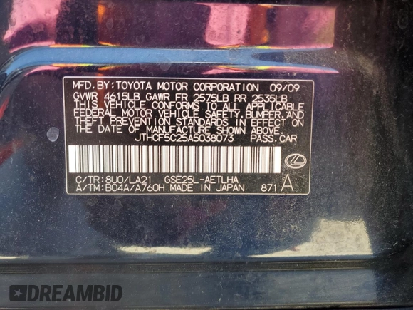 2010 Lexus IS 250 with VIN JTHCF5C25A5038073, listed as a Copart auction lot 54848695 with 180,133 mi miles and Salvage title. Bid and sale history available at DreamBid. Image 12.
