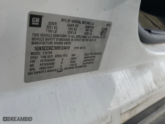 2017 Chevrolet Tahoe Premier with VIN 1GNSCCKC7HR124418, listed as a Copart auction lot 83075084 with 119,477 mi miles and Salvage Title. Bid and sale history available at carsss.com. Image 13.