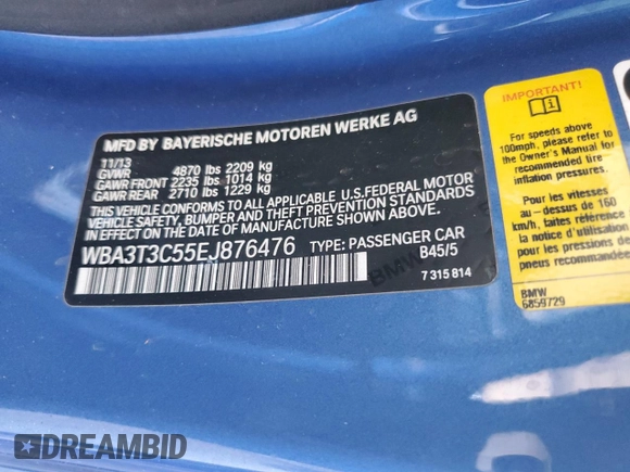 2014 BMW 4 Series 435i with VIN WBA3T3C55EJ876476, listed as a Copart auction lot 61822654 with Not provided miles and Salvage title. Bid and sale history available at DreamBid. Image 12.