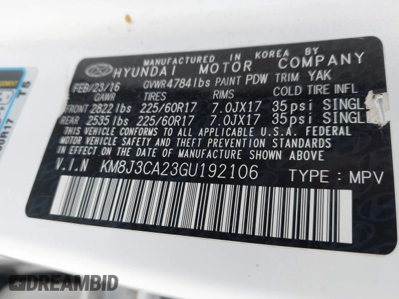 2016 Hyundai Tucson Eco with VIN KM8J3CA23GU192106, listed as a IAAI auction lot 41885799 with 151,781 mi miles. Bid and sale history available at carsss.com. Image 9.