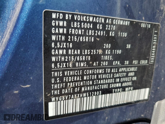 2017 Volkswagen Tiguan S with VIN WVGBV7AXXHW512903, listed as a Copart auction lot 61095825 with 91,813 mi miles and Salvage title. Bid and sale history available at DreamBid. Image 14.