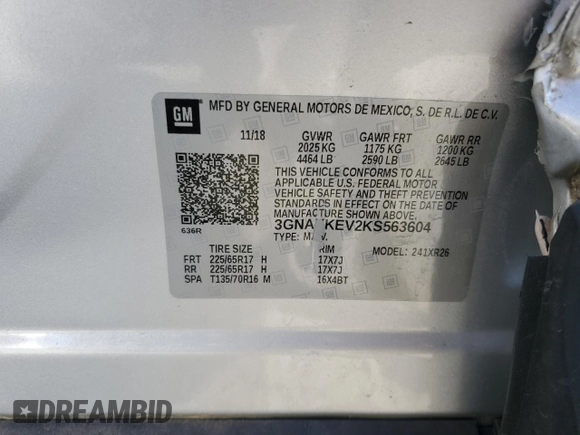 2019 Chevrolet Equinox LT with VIN 3GNAXKEV2KS563604, listed as a Copart auction lot 83644584 with 31,788 mi miles and Salvage Title. Bid and sale history available at carsss.com. Image 13.