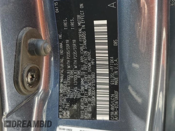 2015 Toyota Sienna Limited with VIN 5TDDK3DC4FS107883, listed as a Copart auction lot 60782825 with 182,574 mi miles and Salvage title. Bid and sale history available at DreamBid. Image 14.
