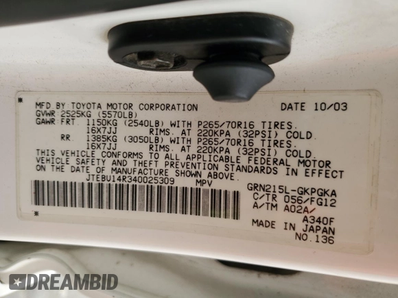 2004 Toyota 4Runner SR5 with VIN JTEBU14R340025309, listed as a Copart auction lot 53566625 with 210,629 mi miles and Clean title. Bid and sale history available at DreamBid. Image 14.