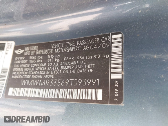 2009 MINI Convertible с VIN WMWMR33569TJ93991, выставлен на аукционе IAAI как лот 42382783 с пробегом Не указан миль и . История ставок и продаж доступна на DreamBid. Изображение 9.