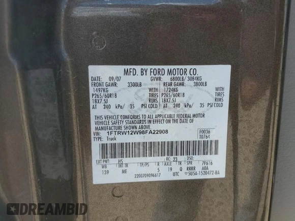 2008 Ford F-150 XL with VIN 1FTRW12W98FA22908, listed as a Copart auction lot 62741485 with 163,376 mi miles and Salvage title. Bid and sale history available at DreamBid. Image 12.