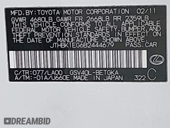 2011 Lexus ES with VIN JTHBK1EG6B2444679, listed as a IAAI auction lot 42181070 with 192,416 mi miles. Bid and sale history available at carsss.com. Image 9.