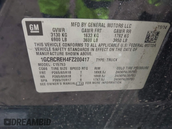 2015 Chevrolet Silverado 1500 LT with VIN 1GCRCREH4FZ200417, listed as a IAAI auction lot 41732194 with 135,000 mi miles. Bid and sale history available at carsss.com. Image 9.