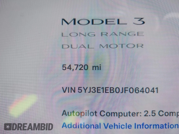 2018 Tesla Model 3 Long Range Battery with VIN 5YJ3E1EB0JF064041, listed as a IAAI auction lot 41562239 with 54,720 mi miles and . Bid and sale history available at DreamBid. Image 16.