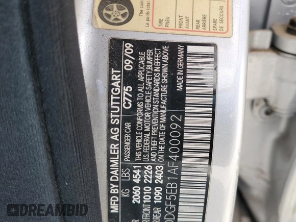 2010 Mercedes-Benz C 300 Sport with VIN WDDGF5EB1AF400092, listed as a Copart auction lot 65282535 with Not provided miles and Clean title. Bid and sale history available at DreamBid. Image 12.