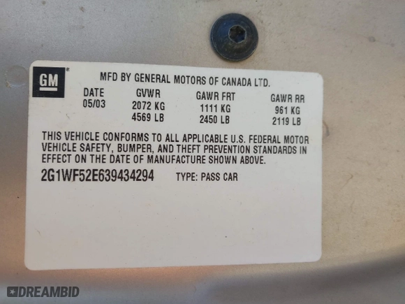 2003 Chevrolet Impala with VIN 2G1WF52E639434294, listed as a IAAI auction lot 41903249 with 167,947 mi miles. Bid and sale history available at carsss.com. Image 9.