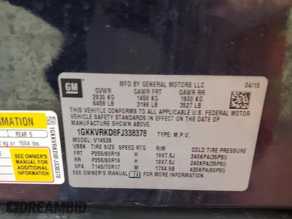 2015 GMC Acadia SLT with VIN 1GKKVRKD8FJ338378, listed as a Copart auction lot 50513425 with 72,231 mi miles and Salvage Title. Bid and sale history available at carsss.com. Image 14.