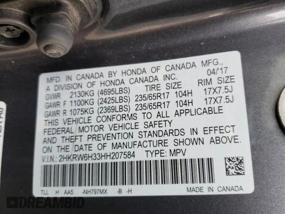2017 Honda CR-V LX with VIN 2HKRW6H33HH207584, listed as a Copart auction lot 68419992 with 84,453 mi miles. Bid and sale history available at carsss.com. Image 13.