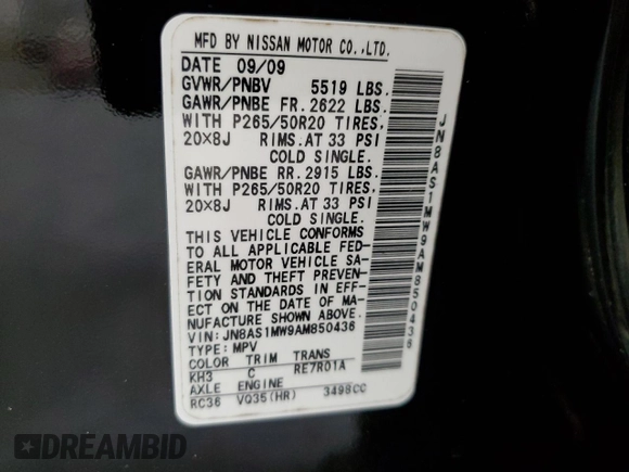 2010 Infiniti FX with VIN JN8AS1MW9AM850436, listed as a Copart auction lot 60879665 with 162,200 mi miles and Salvage title. Bid and sale history available at DreamBid. Image 13.