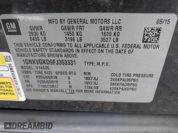 2015 Chevrolet Traverse LT with VIN 1GNKVGKD9FJ363331, listed as a IAAI auction lot 42199668 with 178,516 mi miles and . Bid and sale history available at DreamBid. Image 9.