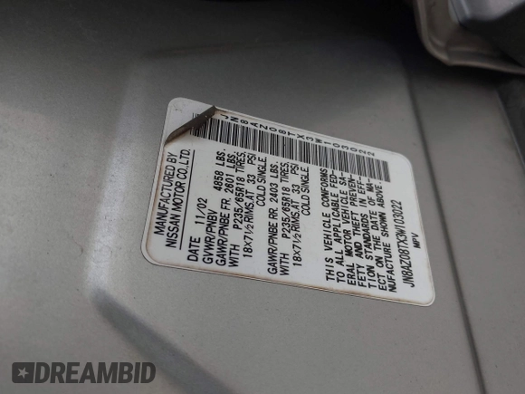 2003 Nissan Murano SE z VIN JN8AZ08TX3W103022, wystawiony jako IAAI lot #42216357 z przebiegiem 208 838 mil mil oraz . Historia ofert i sprzedaży dostępna na DreamBid. Obrazek 9.