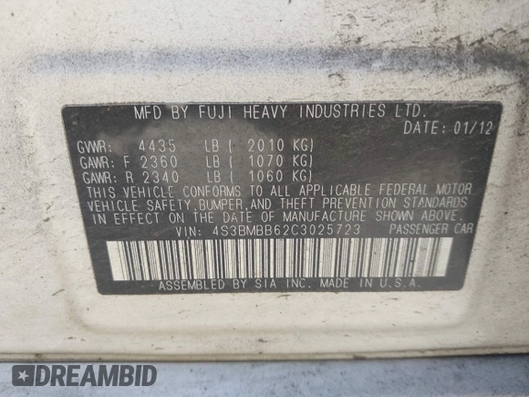 2012 Subaru Legacy Premium с VIN 4S3BMBB62C3025723, выставлен на аукционе IAAI как лот 42620614 с пробегом 164 772 миль миль и . История ставок и продаж доступна на DreamBid. Изображение 9.