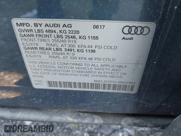 2018 Audi Q3 Premium Plus with VIN WA1JCCFS1JR007553, listed as a IAAI auction lot 41775321 with 81,665 mi miles and . Bid and sale history available at DreamBid. Image 9.