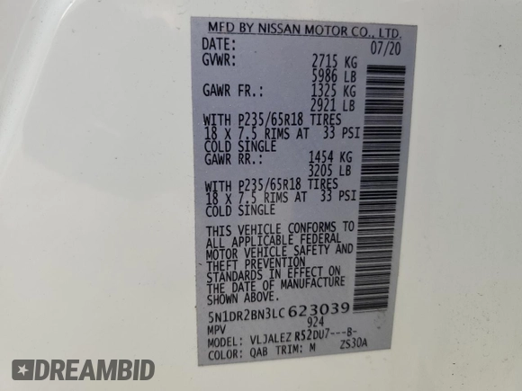 2020 Nissan Pathfinder SV with VIN 5N1DR2BN3LC623039, listed as a Copart auction lot 58054035 with 35,798 mi miles and Salvage title. Bid and sale history available at DreamBid. Image 13.