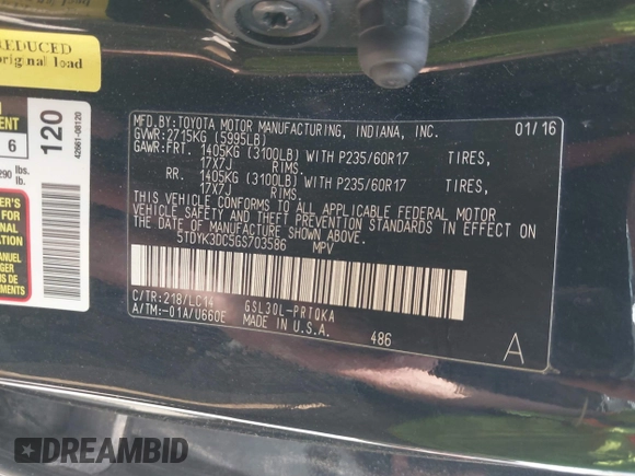 2016 Toyota Sienna XLE z VIN 5TDYK3DC5GS703586, wystawiony jako IAAI lot #42323587 z przebiegiem 127 640 mil mil oraz . Historia ofert i sprzedaży dostępna na DreamBid. Obrazek 9.