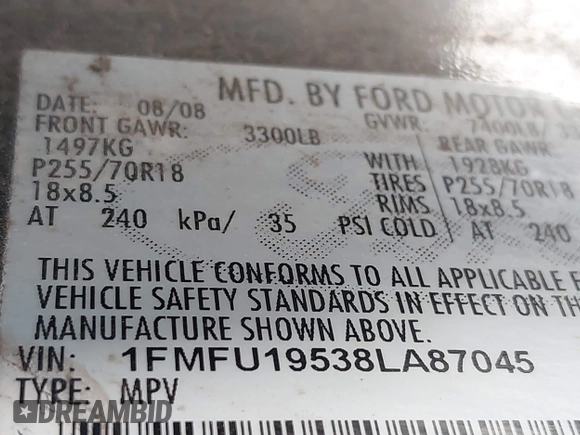 2008 Ford Expedition Limited с VIN 1FMFU19538LA87045, выставлен на аукционе IAAI как лот 41789089 с пробегом 235 314 миль миль и . История ставок и продаж доступна на DreamBid. Изображение 9.