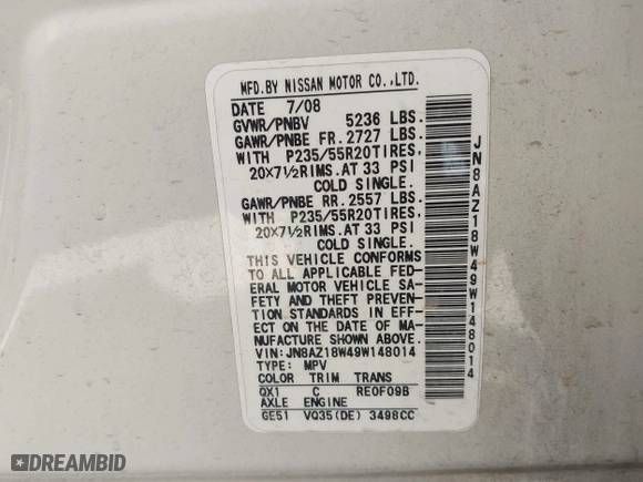 2009 Nissan Murano SL with VIN JN8AZ18W49W148014, listed as a IAAI auction lot 42024790 with 145,170 mi miles. Bid and sale history available at carsss.com. Image 9.