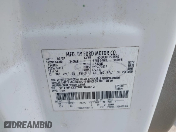 2008 Ford F-150 XL with VIN 1FTRF12278KB63612, listed as a IAAI auction lot 42312619 with 231,139 mi miles and . Bid and sale history available at DreamBid. Image 9.