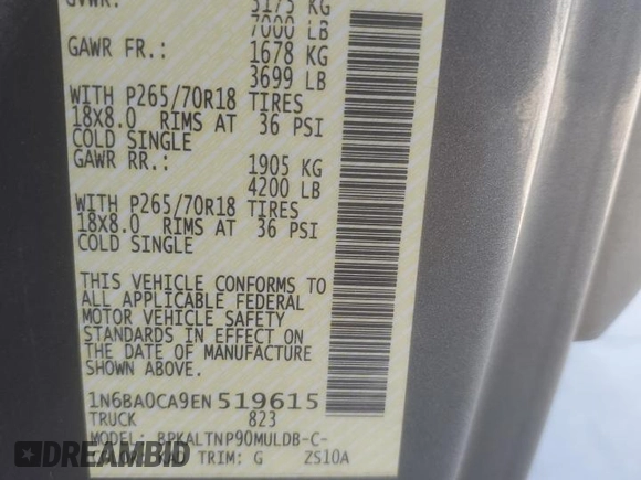 2014 Nissan Titan SV with VIN 1N6BA0CA9EN519615, listed as a Copart auction lot 47961635 with 130,734 mi miles and Salvage title. Bid and sale history available at DreamBid. Image 12.