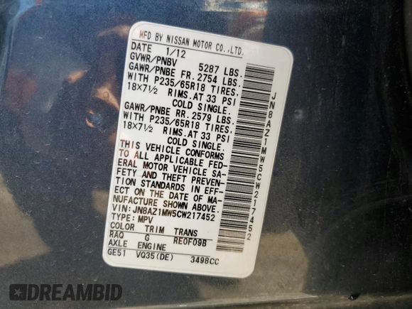 2012 Nissan Murano SL with VIN JN8AZ1MW5CW217452, listed as a Copart auction lot 70659414 with 158,461 mi miles and Salvage Title. Bid and sale history available at carsss.com. Image 13.