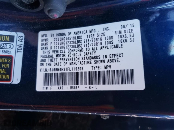 2015 Honda CR-V LX with VIN 5J6RM4H31FL119209, listed as a Copart auction lot 47818315 with 143,023 mi miles and Salvage Title. Bid and sale history available at DreamBid. Image 13.