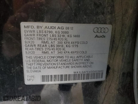2013 Audi Q7 3.0T Premium Plus with VIN WA1LGAFE4DD003686, listed as a Copart auction lot 46937115 with 137,905 mi miles and Salvage Title. Bid and sale history available at carsss.com. Image 13.